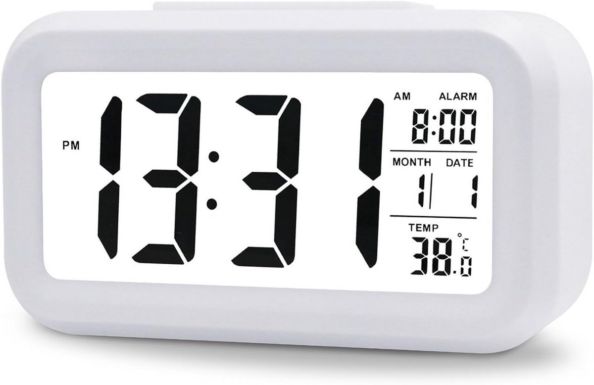 Grote digitale wekker met LCD-display, automatische lichtsensor, nachtlampje, snooze-functie, kalender en thermometer