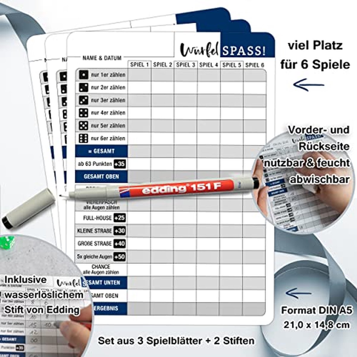 Dobbelspel uitwisbaar met pennen - 3 x DIN A5 vellen herbruikbaar met extra grote letters voor senioren en gezinnen
