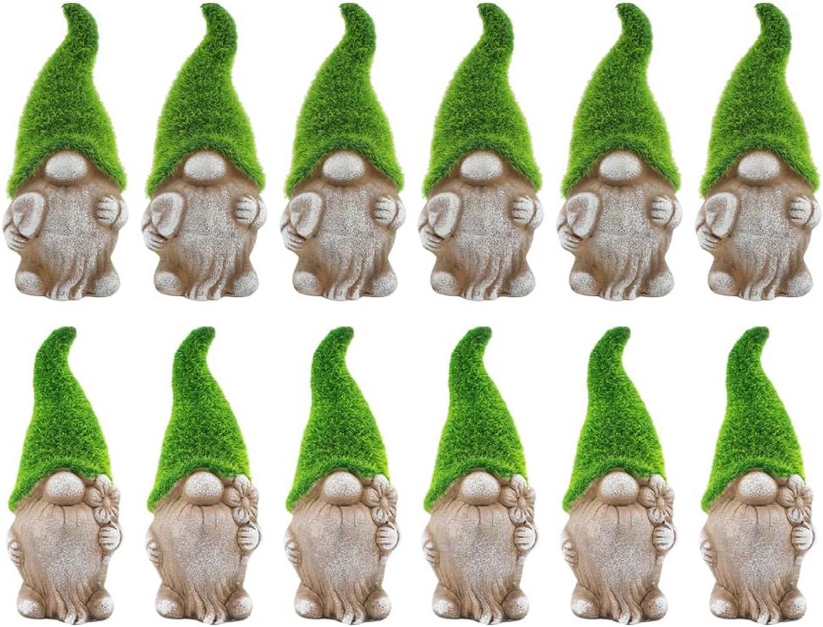 Set van 12 Tuinkabouters met Moshoed - Decoratieve Stenen Figuur met Schep voor Tuin en Patio