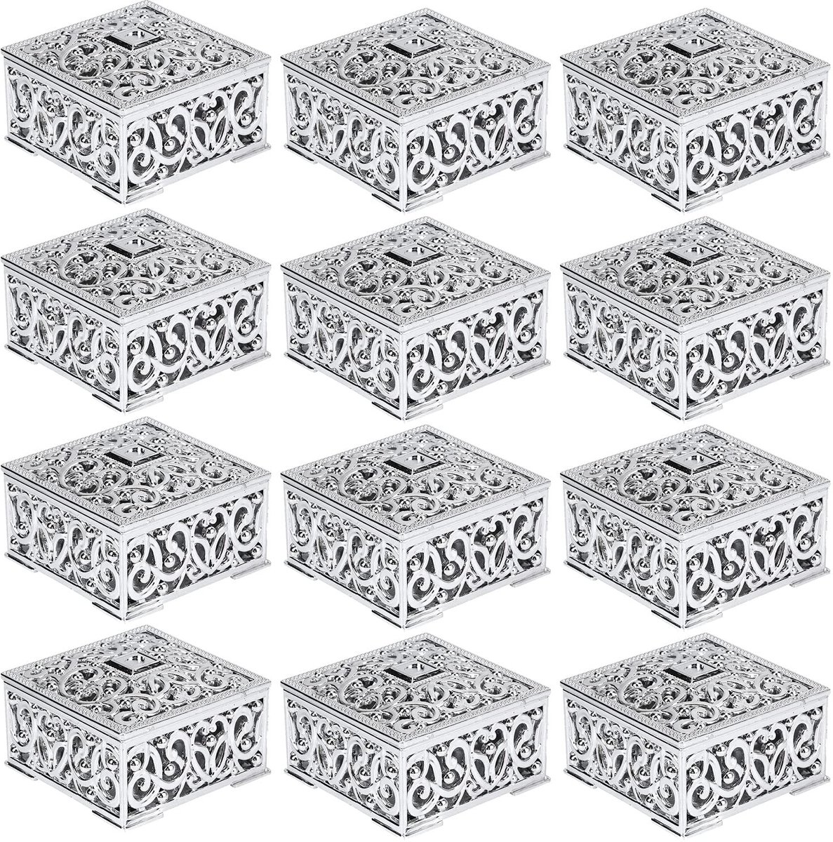 Cosensi- Trouwfavorieten 12 Stuks - Mini Candy Box - Hallow-out Design - PS Kunststof - Goud/Zilver - 5.7x5.7x3cm - Candybox