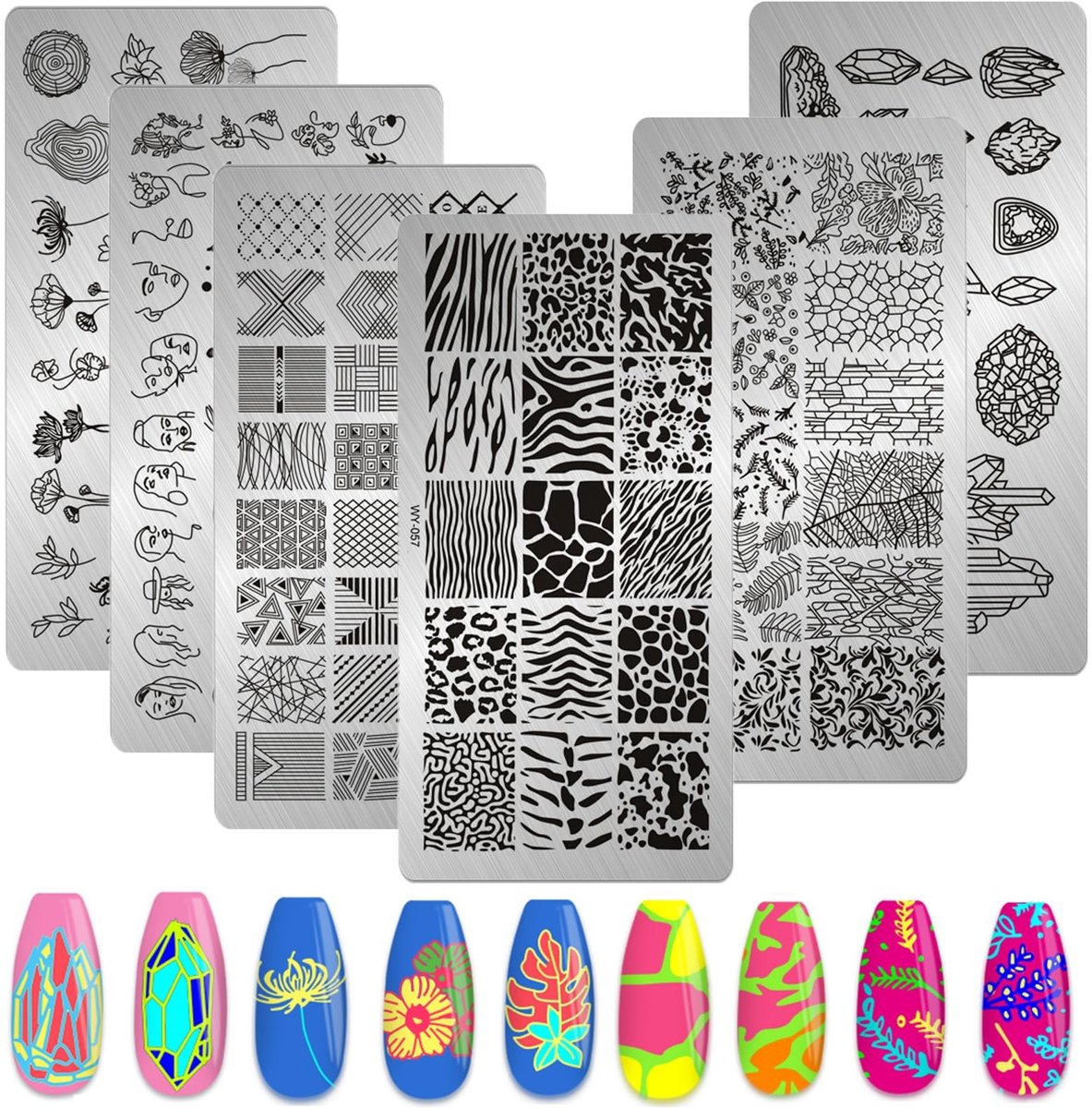 Cosensi- Nagelstempel 6 Stuks - Nagelstempelplaat - Luipaardpatroon/Geometrie/Bloem/Blad - Roestvrij Staal - Manicure-gereedschapsset - 12 cm x 6 cm - Nailart Platen