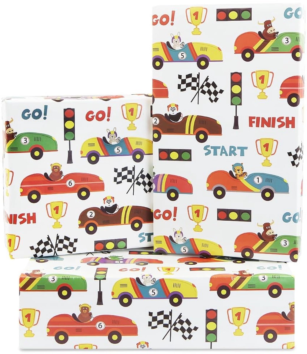 Cosensi- Inpakpapier Dieren Raceauto - Cadeaupapier Verjaardag - Inpakpapier Kinderen - 4 Vellen 50 x 70 cm - Kleurrijk Ontwerp - Perfect voor Feestjes