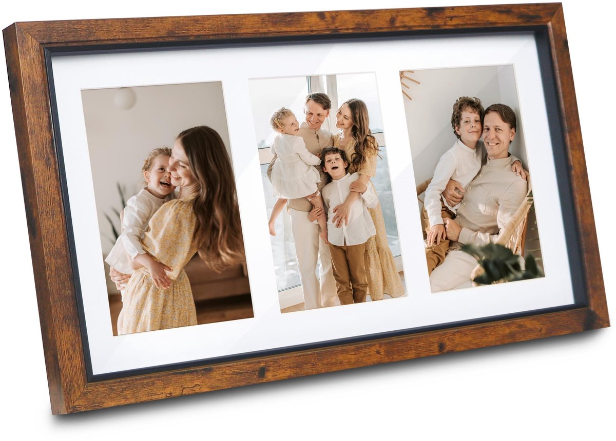 Cosensi- Fotolijst Collage - 10x15 voor 3 Foto's - Donkerbruin Houtnerf - Wandmontage/Tafeldisplay - Duurzaam MDF - Perfect Cadeau - Collagefotolijst