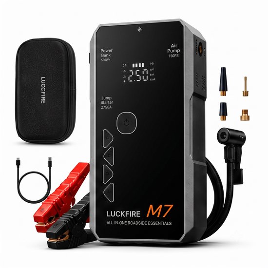 Luckfire M7 Jumpstarter met Compressor voor Auto 12V - SmartIgnition, TÜV, 150 PSI, Powerbank, LED Zaklamp, SOS Noodlicht, incl. Opbergtas