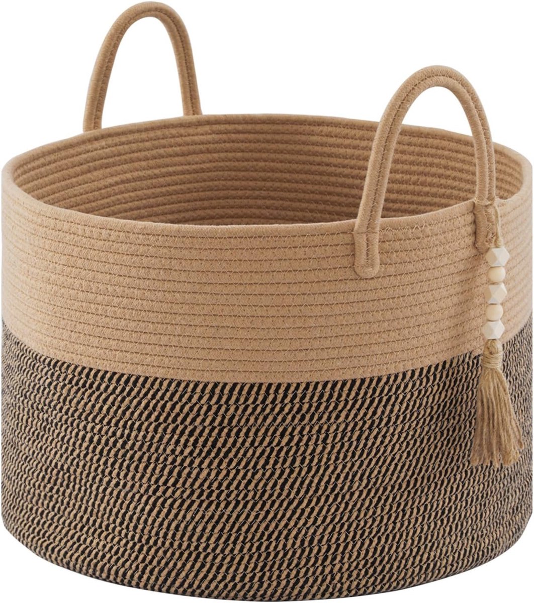 Grote Woven Opbergmand voor Speelgoed en Wasgoed, Katoenen Rieten Mand met Handvat en Houten Decoratie, 65L in Bruin Mengsel