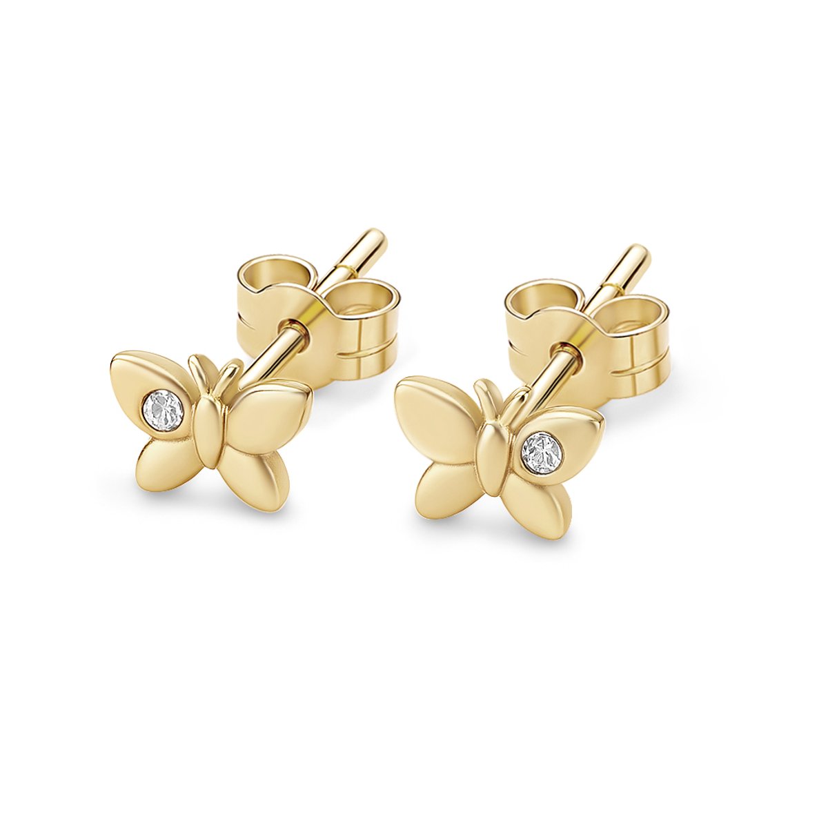 14kt - Geelgouden Oorstuds met Vlinder Top en Heldere Steen 6 mm - 0,8 mm Staaf Dikte - 14 Karaat Gouden Oorbellen voor Dames - Vlinder Oorknopjes - Echt Goud (585) - Inclusief Echtheidscertificaat