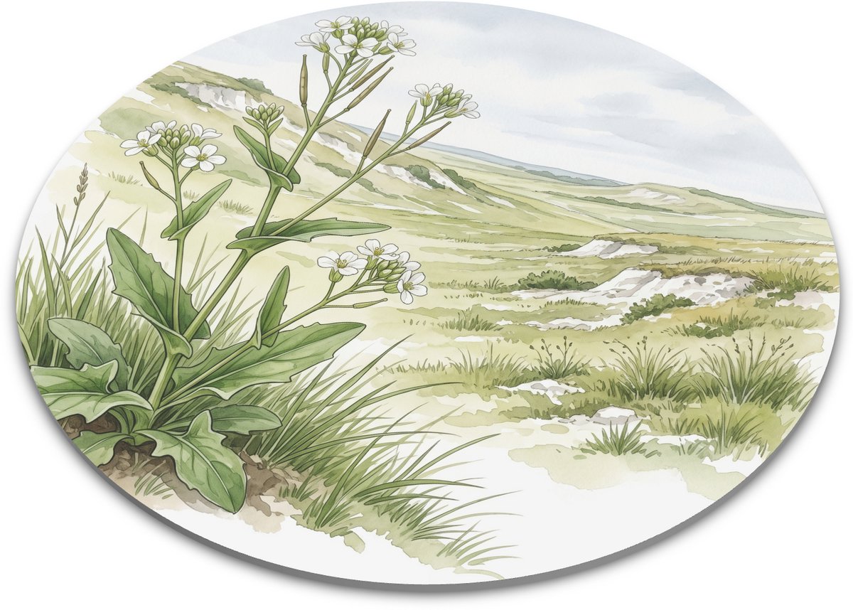 Ronde Muismat - Pijlscheefkelk (Arabis sagittata) Aquarel Illustratie - Hollands Kalkgrasland en Heuvellandschap - Bureau Accessoire en Tafelbeschermer