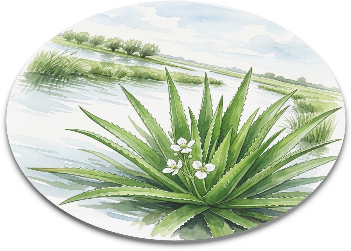 Ronde Muismat - Krabbenscheer in Polderwater - Aquarel Sloot Landschap Illustratie - Botanische Bureau Decoratie - Uniek Cadeau voor Natuurliefhebbers