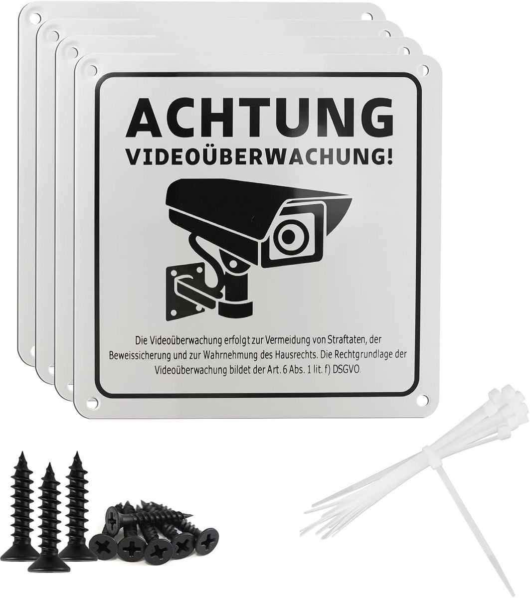 4 aluminium waarschuwingsborden 15x15 cm voor videobewaking buiten - weerbestendig, zelfklevend of schroefbaar met boorgaten en bevestigingsmateriaal