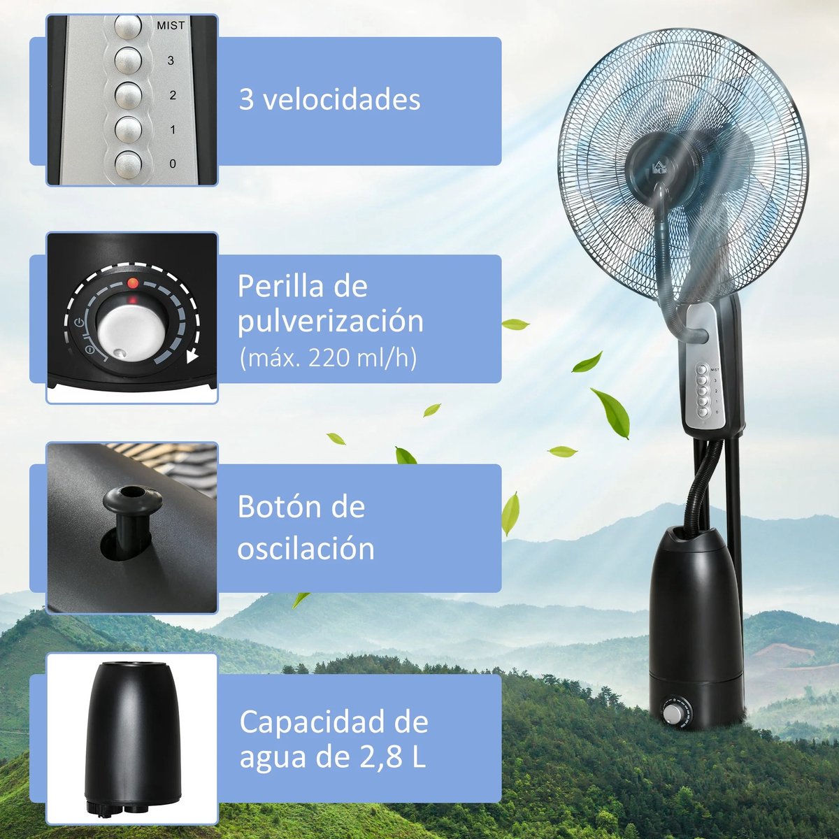 Wentinkmo Homcom - Vernevelingsventilator - Stil en oscillerend - 3 snelheden