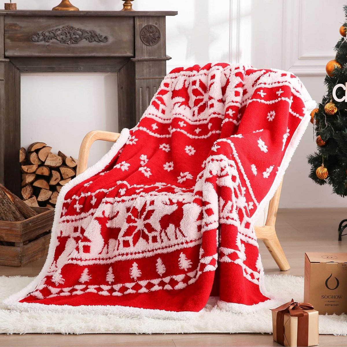 Jacquard sherpa fleece deken - dubbelzijdig - 127 x 152 cm - kerstprint - rood