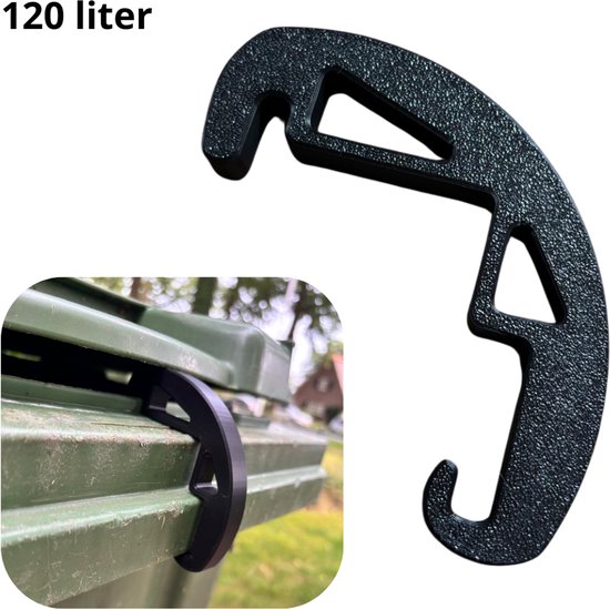 Zwarte, stevige containerclip, 120 liter, met close-up op een groene afvalcontainer.