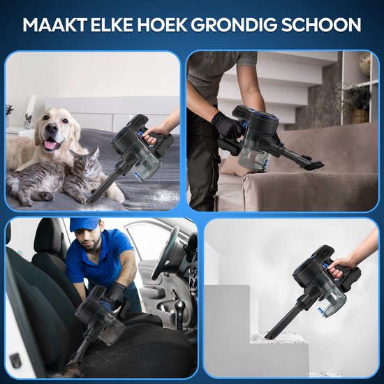 Collage: Zwarte steelstofzuiger met hond en kat; stofzuigen bank; auto interieur; trap.