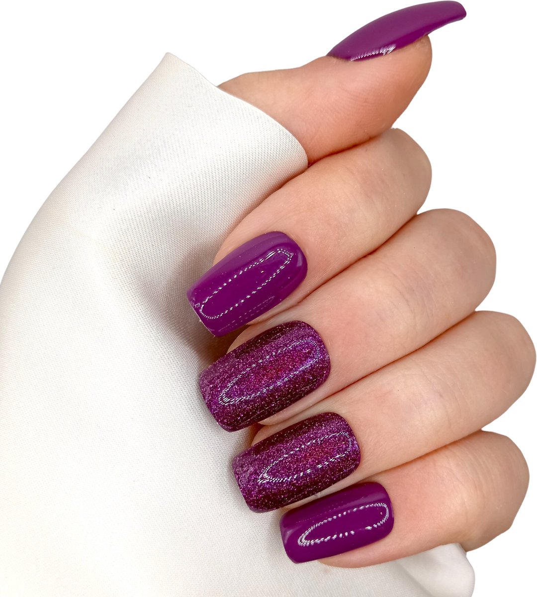 SD Press on Nails - B43 Paars Glitter Holographic - Gellak - Nagellak - Medium Recht Square Nageltips - Nepnagels met Lijm - Kunstnagels - Nail Art - Handmade - Valse nagels - Nagelvijl - Accessoires