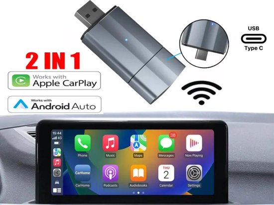 2-in-1 draadloze adapter voor CarPlay en Android Auto, upgrade 2025 plug-and-play Carplay-adapter zonder kabels, snelle en stabiele verbinding zonder vertragingen, compatibel met iOS 10 en Android 11