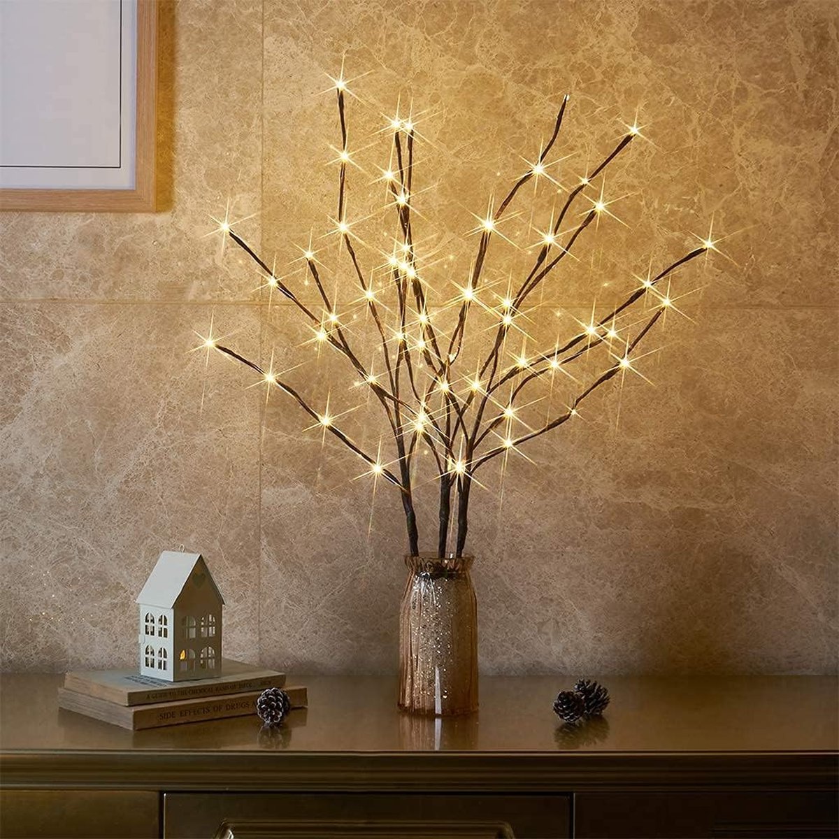 3-Delige Buitenlichtboom Met 60 LEDs – Waterdichte Lichttakken - 76 Cm - Warm Wit - Bruin - Netstroom LED Lamp – Perfect Voor Kerstmis - Pasen & Halloween Decoratie