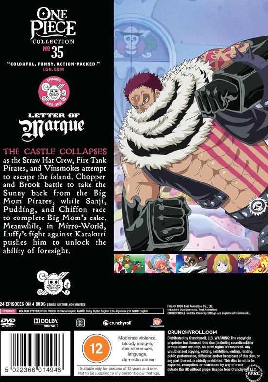 Achterkant van de One Piece Collection 35 DVD met beschrijving en een man met een bontkraag.