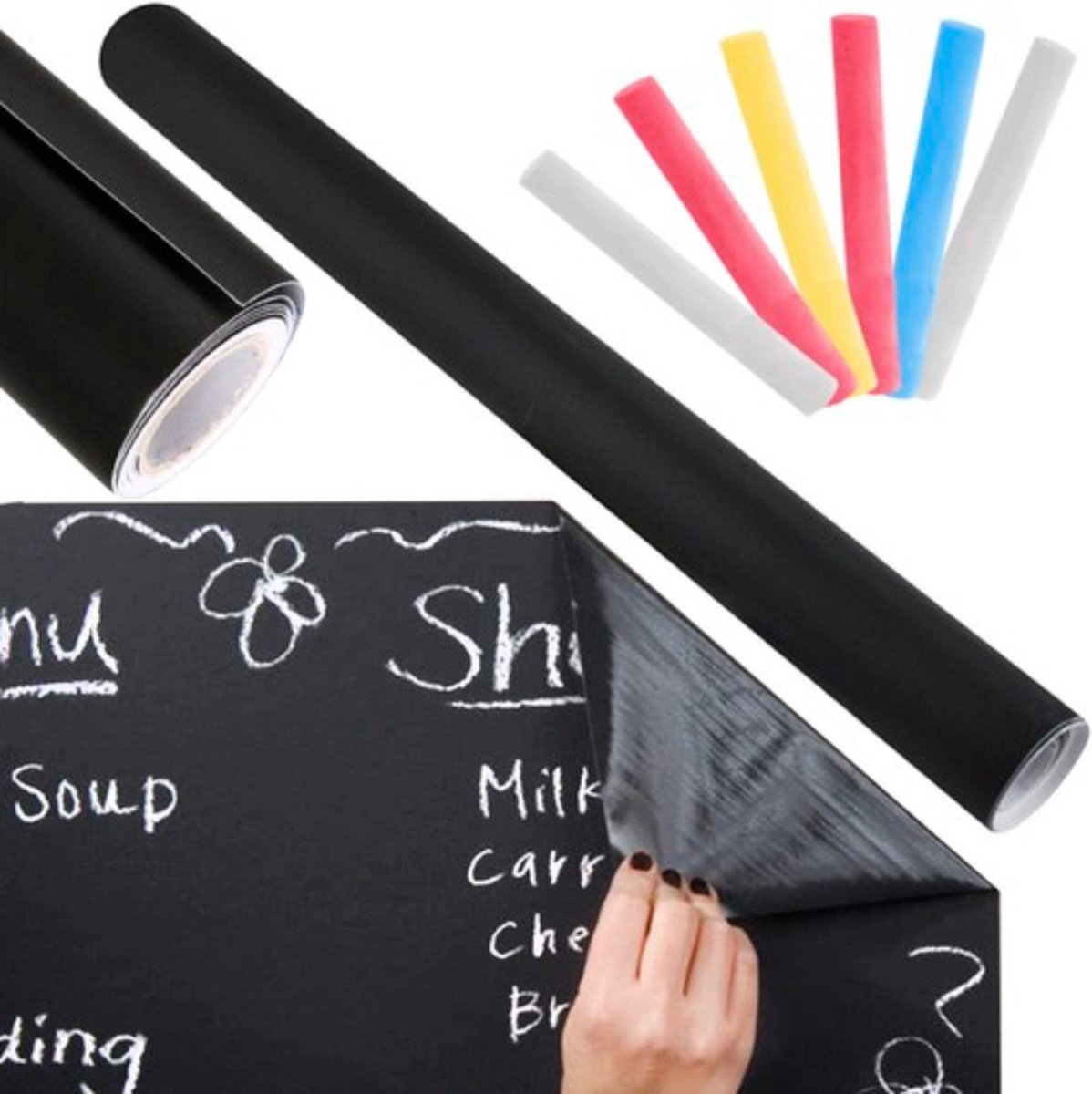 Malatec - Zelfklevend Krijtbord – Herbruikbaar 45x200cm + Inclusief Wit & Gekleurd Krijt – Perfect voor Keuken, Kantoor & Kinderkamer - krijtbord- krijtbord kinderen - schoolbord