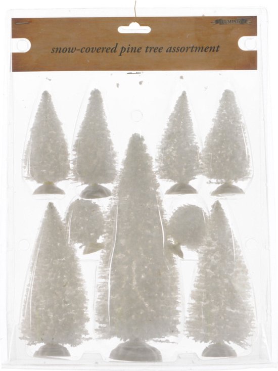 Lumineo Kerstdorp kerstbomen - 18x st - wit - polyresin - Miniatuur boompjes