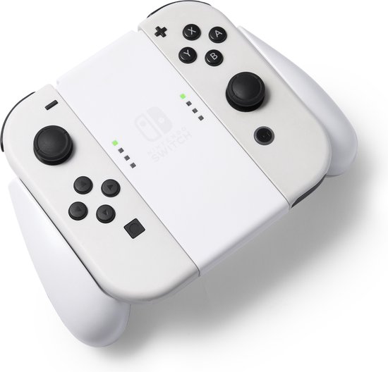 Witte Nintendo Switch Joy-Con grip met een witte Joy-Con met zwarte knoppen.