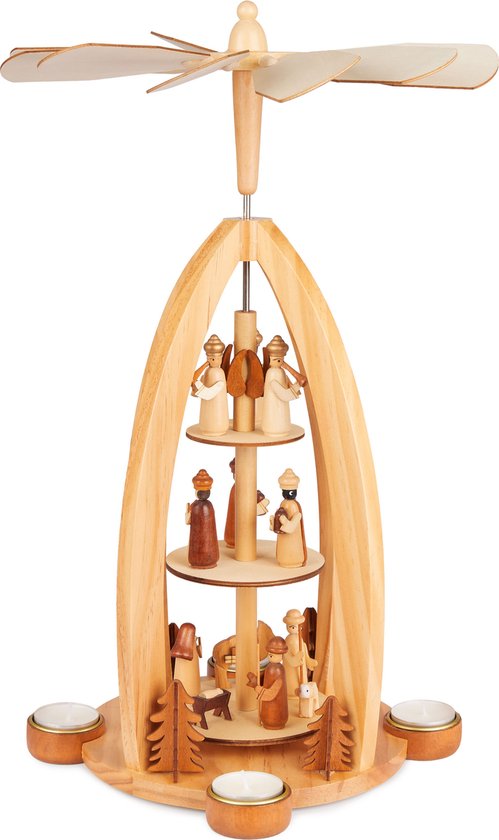 BRUBAKER Kerstpiramide van hout, engelen, Jezus, Maria, Jozef en Koning, theelichtpiramide voor Kerstmis, hoogte 44 cm, tafelpiramide voor 4 theelichtjes, handbeschilderd, bruin