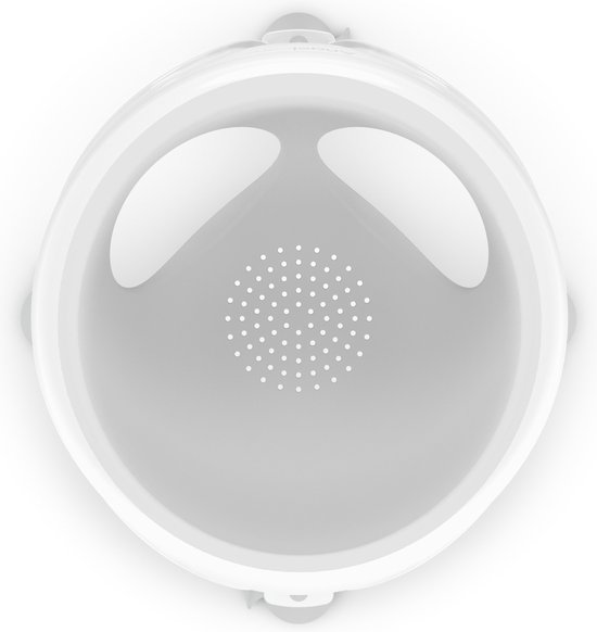 Witte babybadstoel met grijze poten en een perforatiedetail in het midden.
