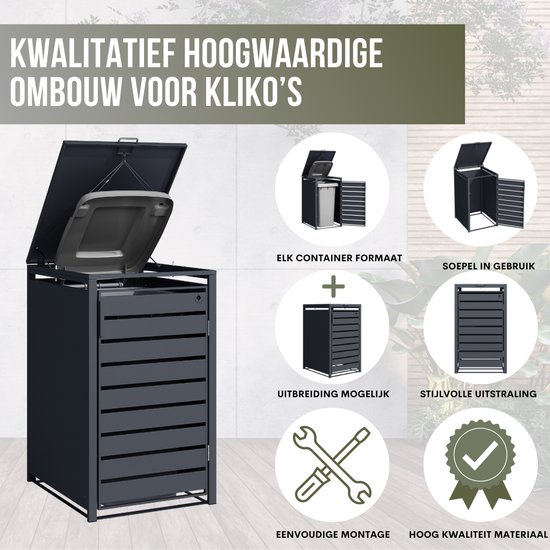 Gedetailleerde afbeelding van een antracietgrijze kliko-ombouw met open deksel, met informatie over montage en materiaal.