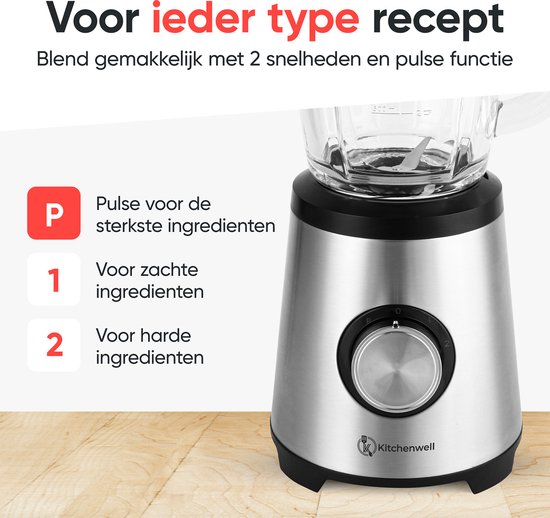 RVS blender met draaiknop voor 2 snelheden en pulse functie.