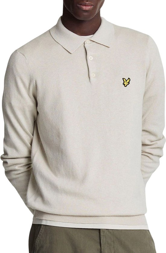 Lyle & Scott Cotton Merino Long Sleeve Knitted Polo Truien & Vesten Heren - Sweater - Hoodie - Vest- Beige - Maat S