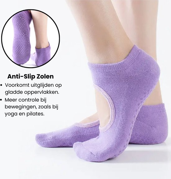 Malinsi® 2-Pack Yoga Sokken Antislip Dames - Pilates Yogasokken - Ballerina Pilatessokken - Ballerinas Open - Abrikoos & Paars van Malinsi — afbeelding 2