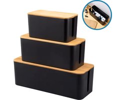 DIVERZA Kabelbox Zwart Hout – 3-delige set Kabeldoos Opbergbox stekkerdoos – Kabel Organizer Bureau - Cablebox