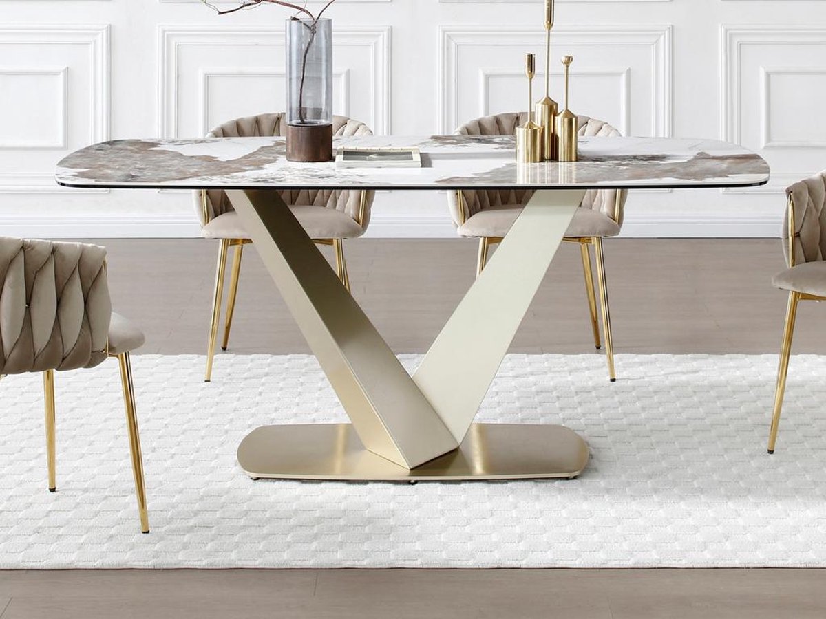 Vente-unique Eettafel voor 6 personen van keramiek, gehard glas en goudkleurig metaal - Wit marmereffect en grijs - PORELIMA van Maison Céphy Grijs, Wit