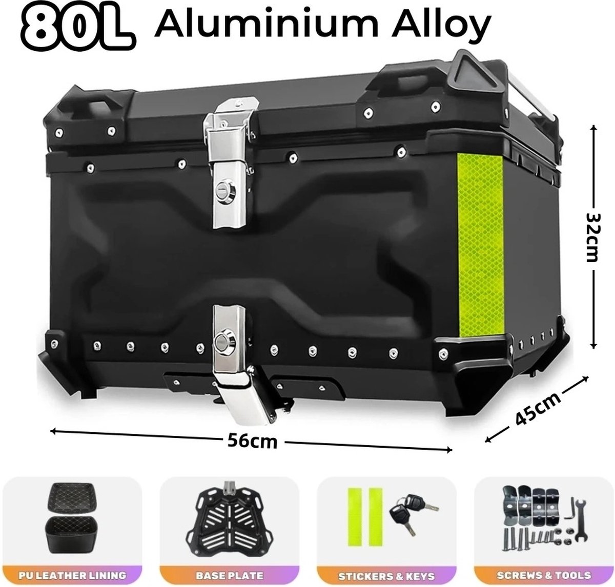 80L Aluminium Motorfiets Topkoffer - Zwart - Robuuste Opbergruimte voor Helm en Accessoires - Goedkoopste
