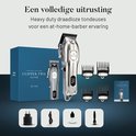 Zilveren tondeuse Clipper Two met digitale display, vier opzetstukken, oplader, kabel, olie en borstel.