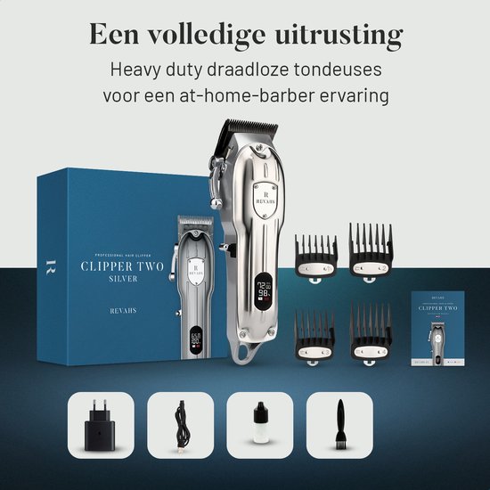 Zilveren tondeuse Clipper Two met digitale display, vier opzetstukken, oplader, kabel, olie en borstel.