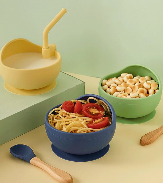 Kommetjes met Zuignap - Suction Bowls - Kinderservies - Kinderkom - Baby Bord - Baby Kommetje met Zuignap en Lepel en rietje - BPA-vrije - Siliconen schaal voor babyvoeding van Kwolik — afbeelding 2