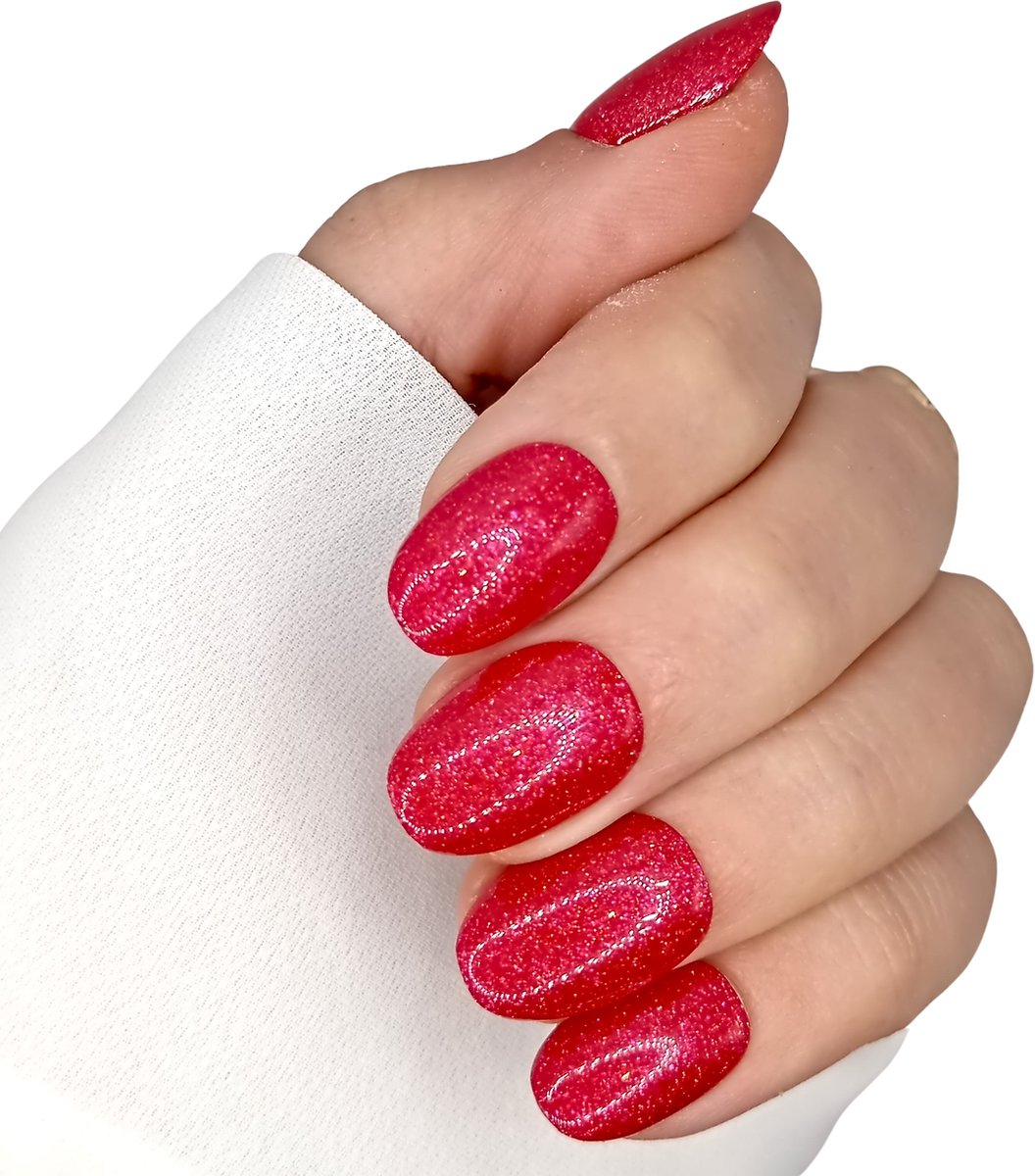 SD Press on Nails - B-210- Plaknagels - Nagelset 20 Nagels - Nepnagels - Rood Shimmer - Gellak - Nagellak - XS Almond Nageltips - Nepnagels met Lijm - Kunstnagels - Nail Art - Handmade - Valse nagels - Nagelvijl - Accessoires - Korte Nagels