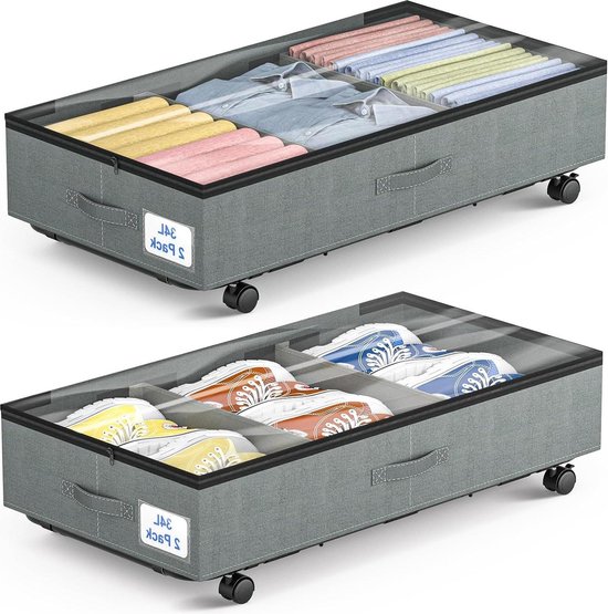 SPECILITE Opbergbakken voor Onder Het Bed Op Wieltjes, 2 Stuks Rollende Metalen Bakken met Deksels, Opbergzakken voor Kleding, Schoenen, Speelgoed en Dekens