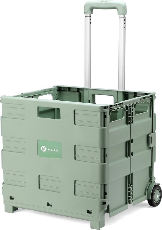 Studioweergave van de open, groene vouwkrat-trolley met uitgeschoven handgreep en logo.