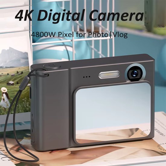 4K digitale camera, videocamera met lens aan de voorkant, 32 GB kaart, 2 batterijen, autofocus 48 MP 16X digitale zoom anti-shake tijdstempel, compacte reizen selfie vlogging-camera voor kinderen