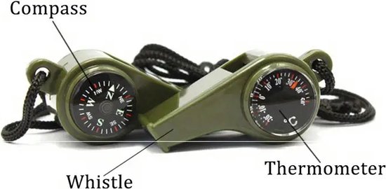 Legergroen fluitje met een geïntegreerd kompas en thermometer. Labels geven 'Compass', 'Whistle', 'Thermometer' aan.
