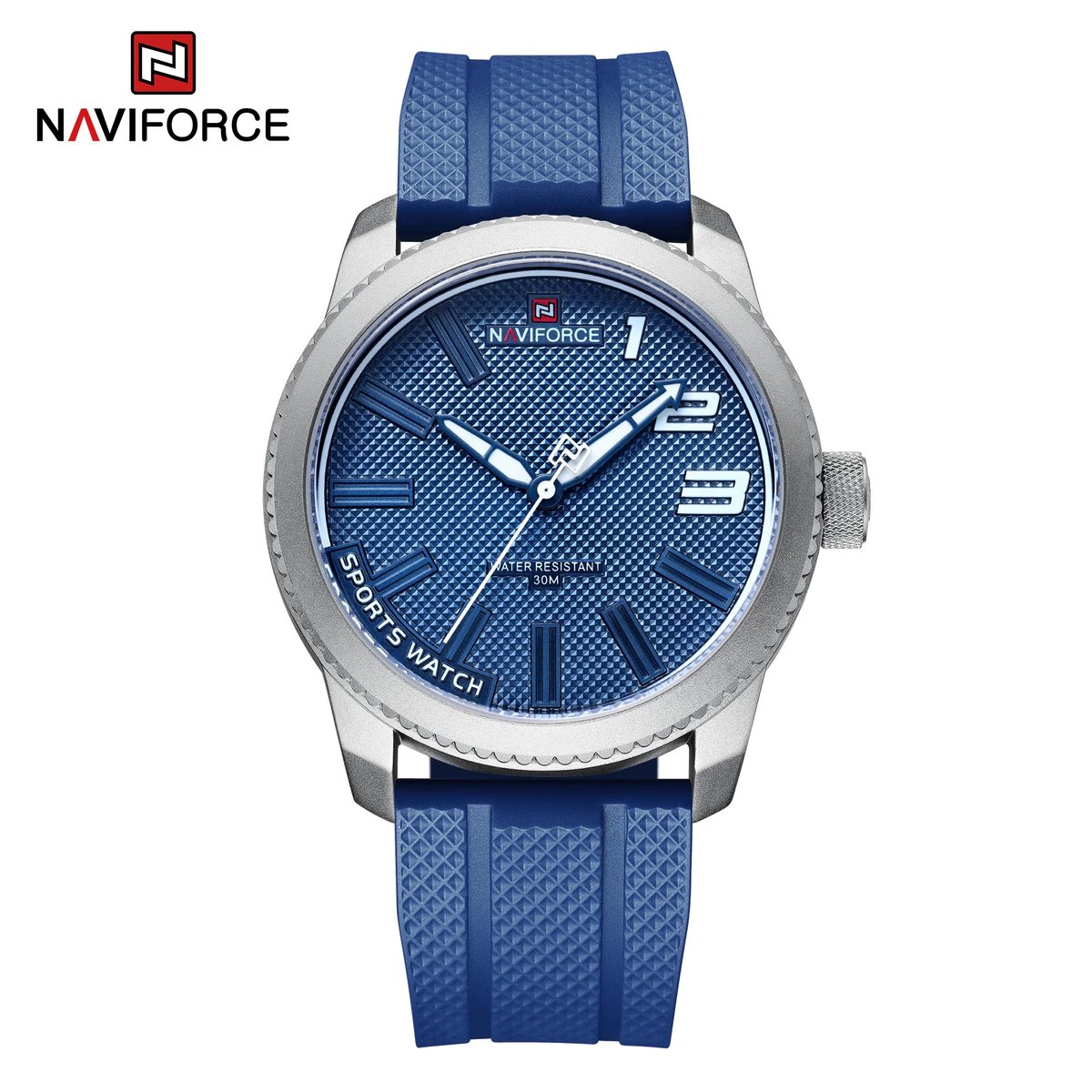 NAVIFORCE horloge voor mannen, met blauwe TPU polsband, mat zilveren uurwerkkast, blauwe wijzerplaat met witte wijzers ( model 9202T SWBE ), verpakt in mooie geschenkdoos