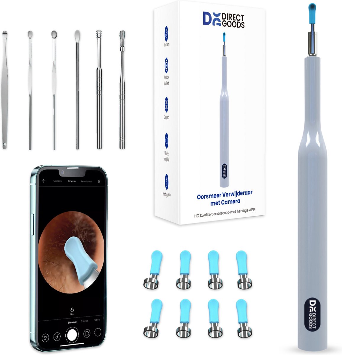 Goedkoopste DirectGoods® Oorsmeer Verwijderaar – Oorreiniger – Oorsmeer – Oorspuit - Oor Schoonmaken - Ultra HD camera - Inclusief reinigingsset - Lange batterij - Premium Kwaliteit - 8 extra medische lepels