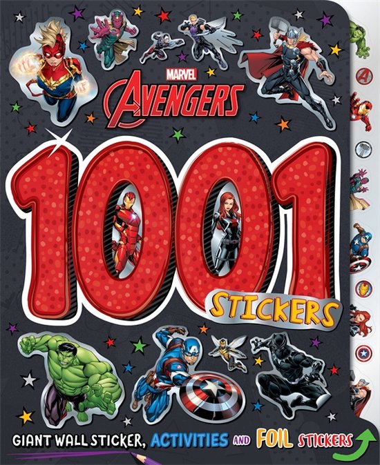 Boek "Marvel Avengers: 1001 Stickers" met grote rode cijfers 1001, omringd door Avengers karakters zoals Captain America, Hulk en Thor.