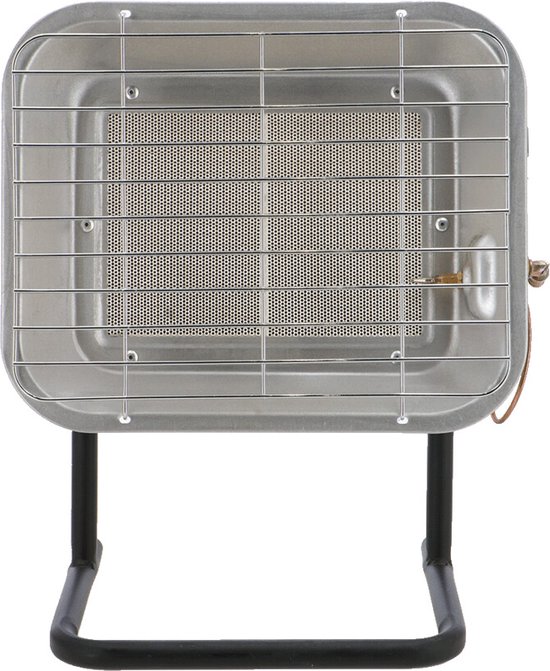 Mestic straalkachel met verchroomd rooster en zwart metalen frame, van voren gezien.