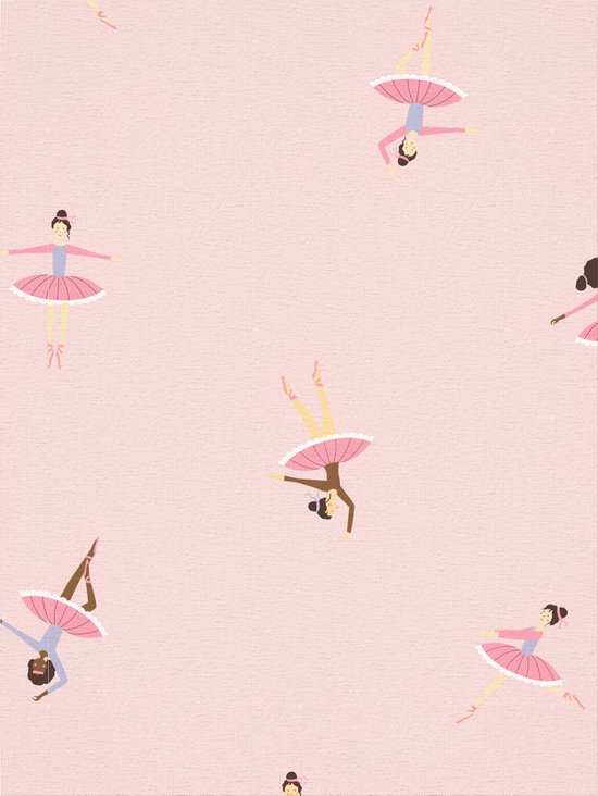 Detail van roze stof met een patroon van diverse ballerina's in dansposities.