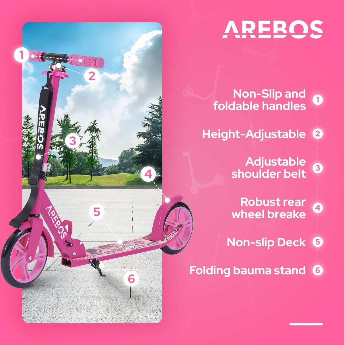 AREBOS kick scooter stadsstep kinderstep volwassen scooter roze — afbeelding 5