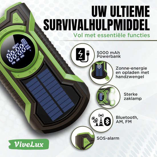 UMUTOO Noodradio – 5000 MAh Powerbank, Bluetooth 5.3, Zonne-energie, Handslinger, AM/FM/NOAA, IP65 Waterdicht, Met SOS-alarm En LED-zaklamp