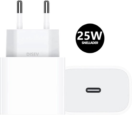 Witte 25W snellader van DISEV met Europese stekker en USB-C poort.