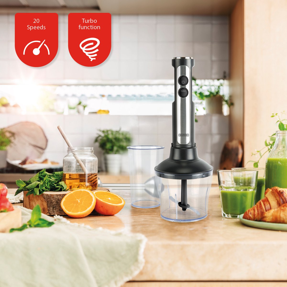 Bourgini Staafmixer - 4-delige Krachtige RVS Staafmixer set -20 snelheden - Garde - Hakmolen 600ml - Maatbeker 800ml - 1500W – foto 8